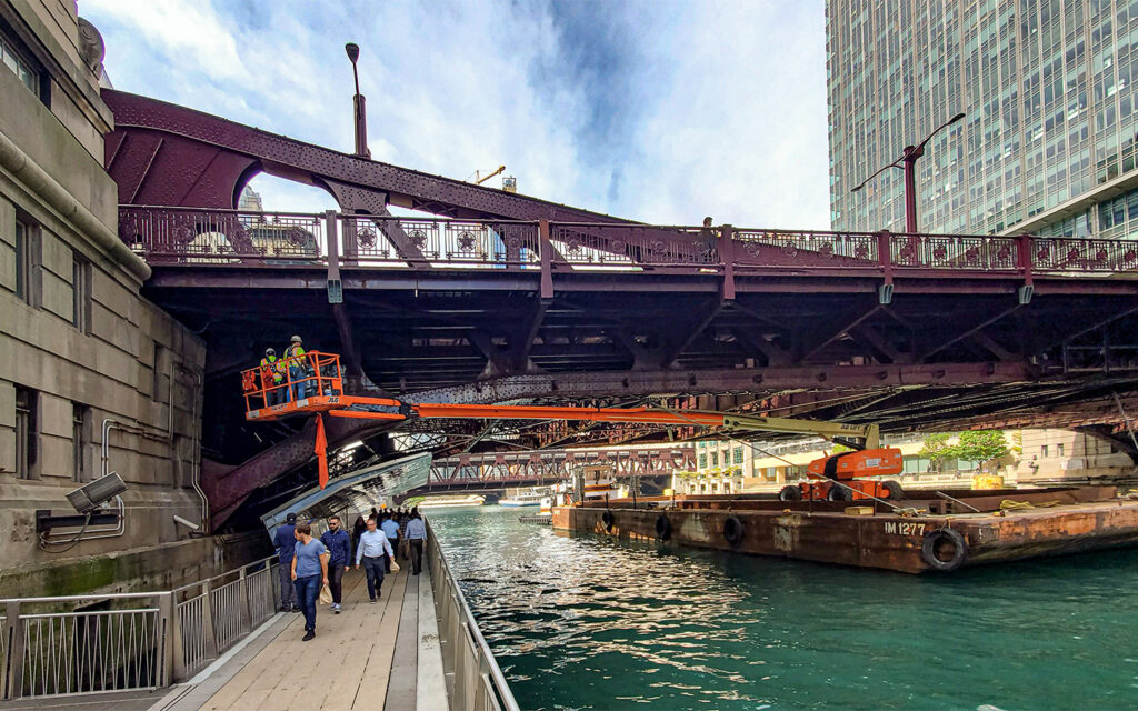 Photo of bridge inspectors at Wells Street bascule bridge