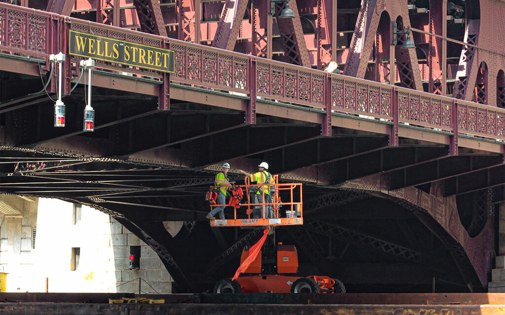 Photo of bridge inspectors at Wells Street bascule bridge