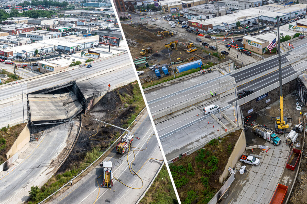 Photo of I-95 from above showing damage and then showing repair to I-95