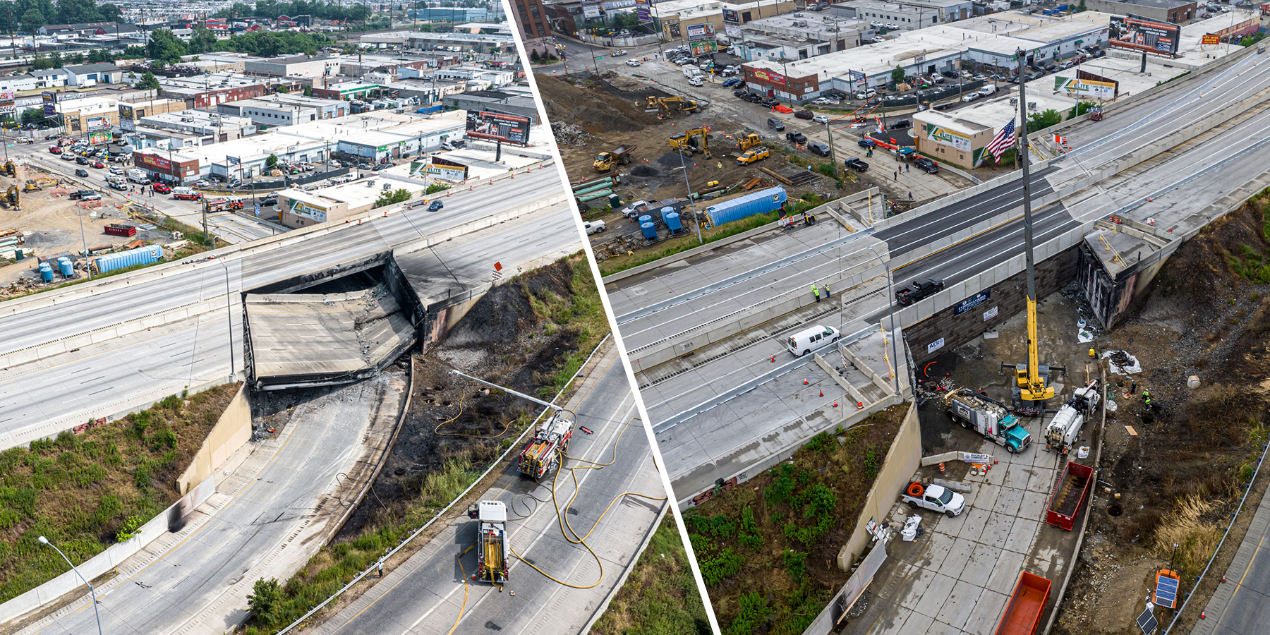 Photo of I-95 from above showing damage and then showing repair to I-95