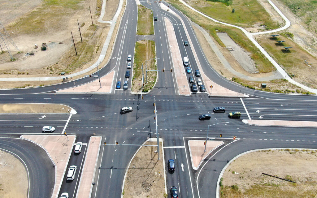 Aerial view photo of completed Quincy Avenue and Gun Club Road intersection in Colorado