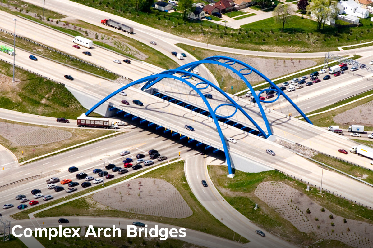 Aerial view of the I-94 bridge outside of Detroit, which is a blue arch bridge with football shaped ribs in honor of the city hosting the Super Bowl the year it was constructed