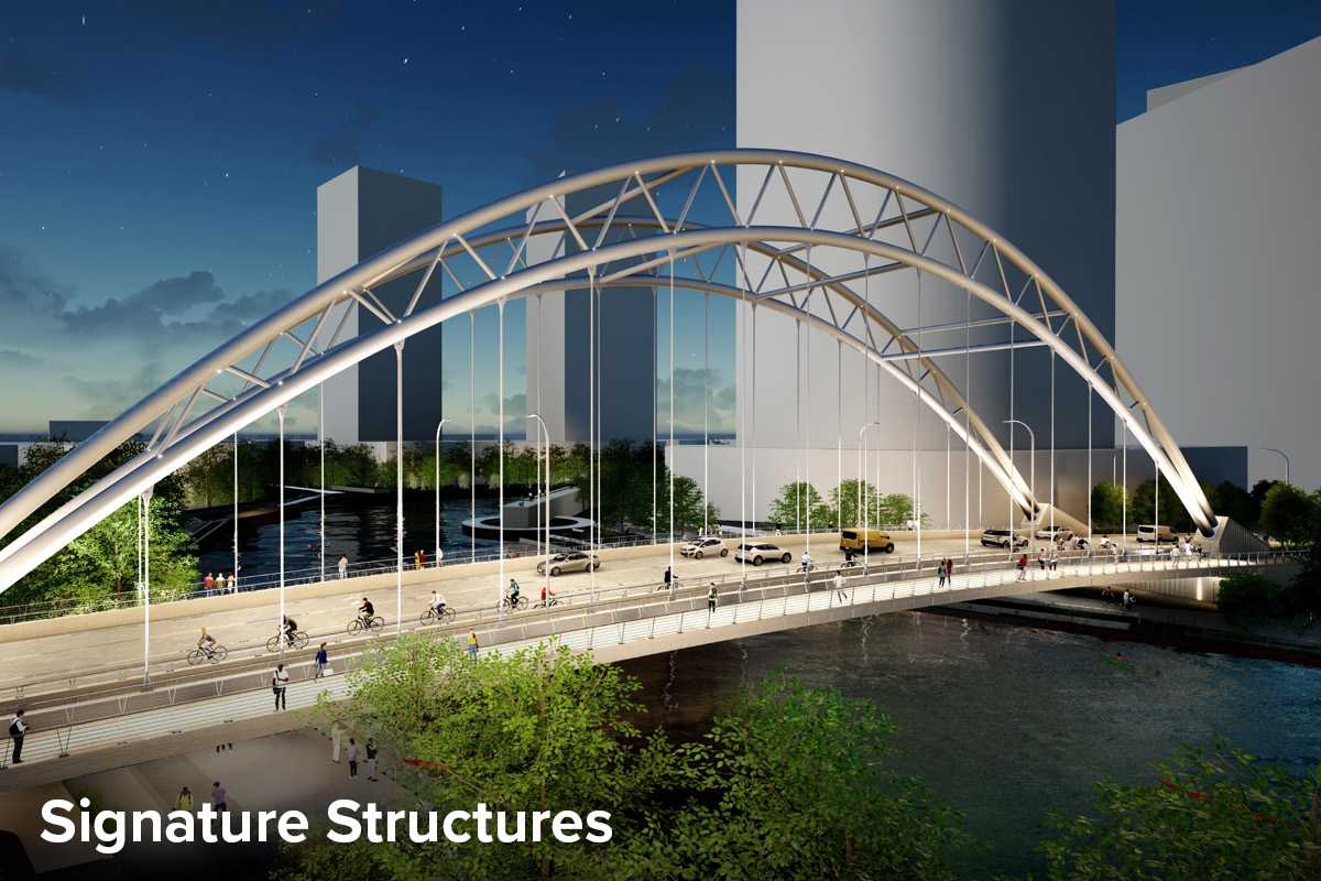 3D rendering of the Throop Street bridge, which will be built as part of the Lincoln Yards development in Chicago. it is a signature arch structure over the Chicago River.