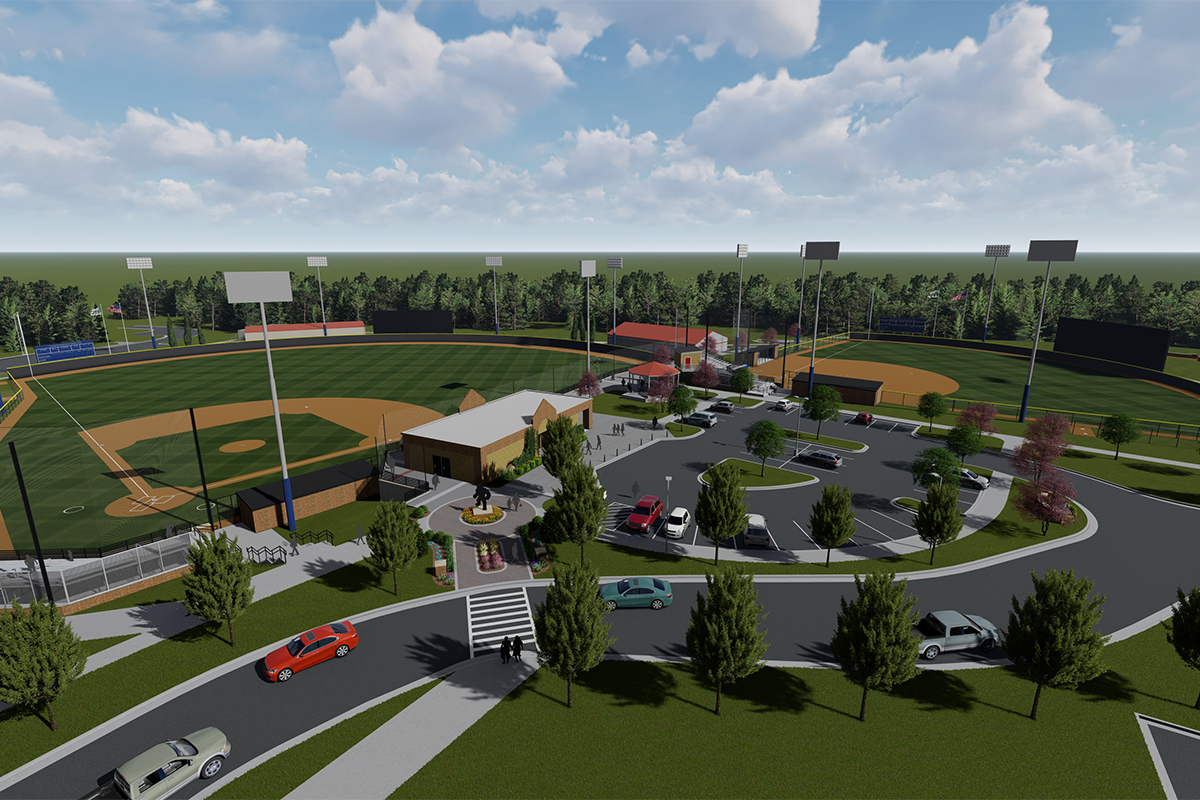 3D rendering of a new sports complex with two baseball diamonds and an adjacent parking lot