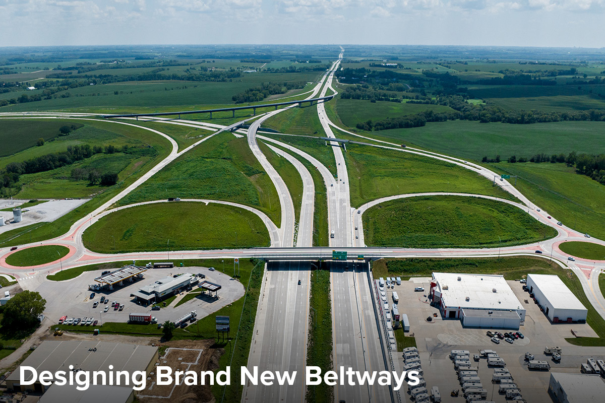 view of the new Lincoln South Beltway, showing two roundabouts as part of an interchange along the beltway