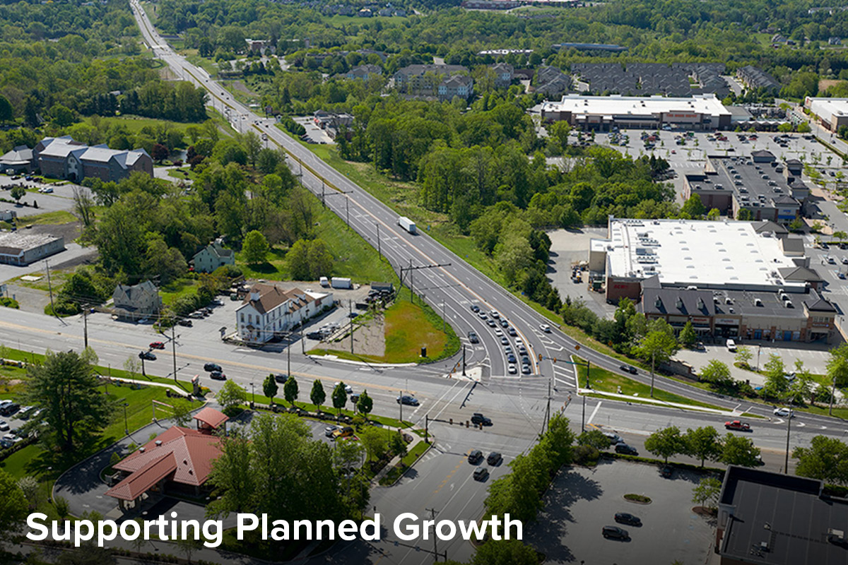 aerial view of SR 322, showing four lanes of traffic at an intersection