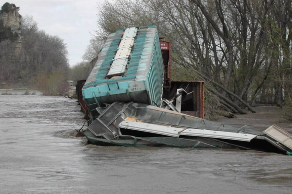 ICE bridge over the turkey river after it collapsed with train car falling into the river