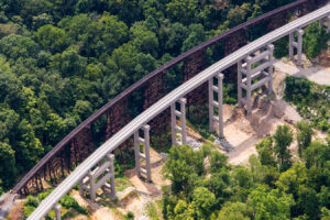 Aerial view of the P&L steel trestle bridge in Fort Knox, Kentucky