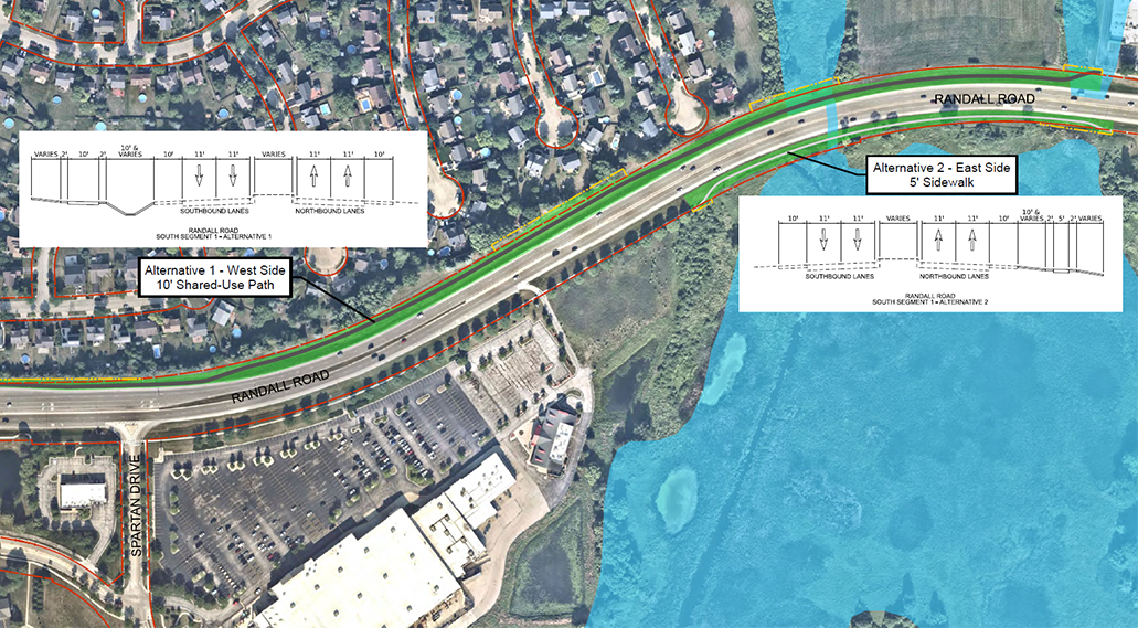 exhibit of a section of Randall Road showing potential right of way improvements, wetlands and drainage, and other natural or built environment components of the corridor