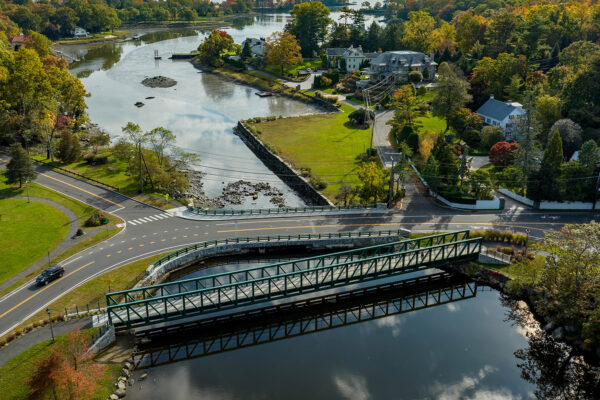 Aerial view of Davis Avenue vehicular and pedestrian bridges in Bruce Park