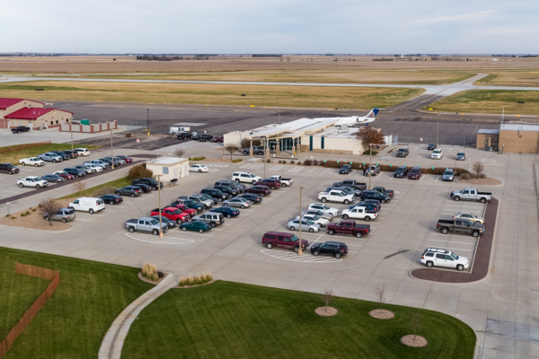 Aerial view of Kearney Regional Airport terminal and parking