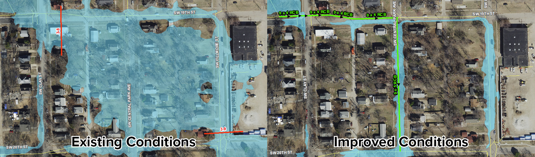 Image showing side-by-side comparison of stormwater conditions before and after improvements