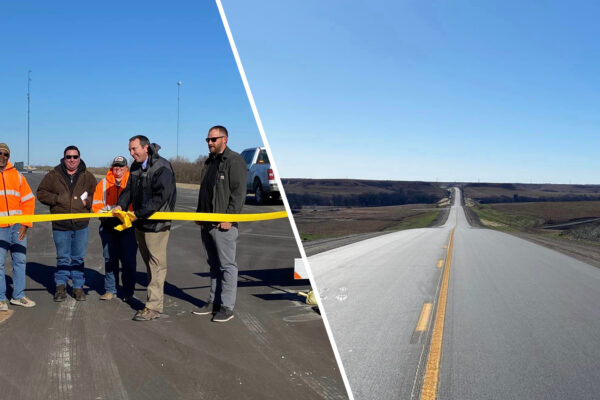 Photo of ribbon cutting ceremony and photo of completed K-177 rural highway