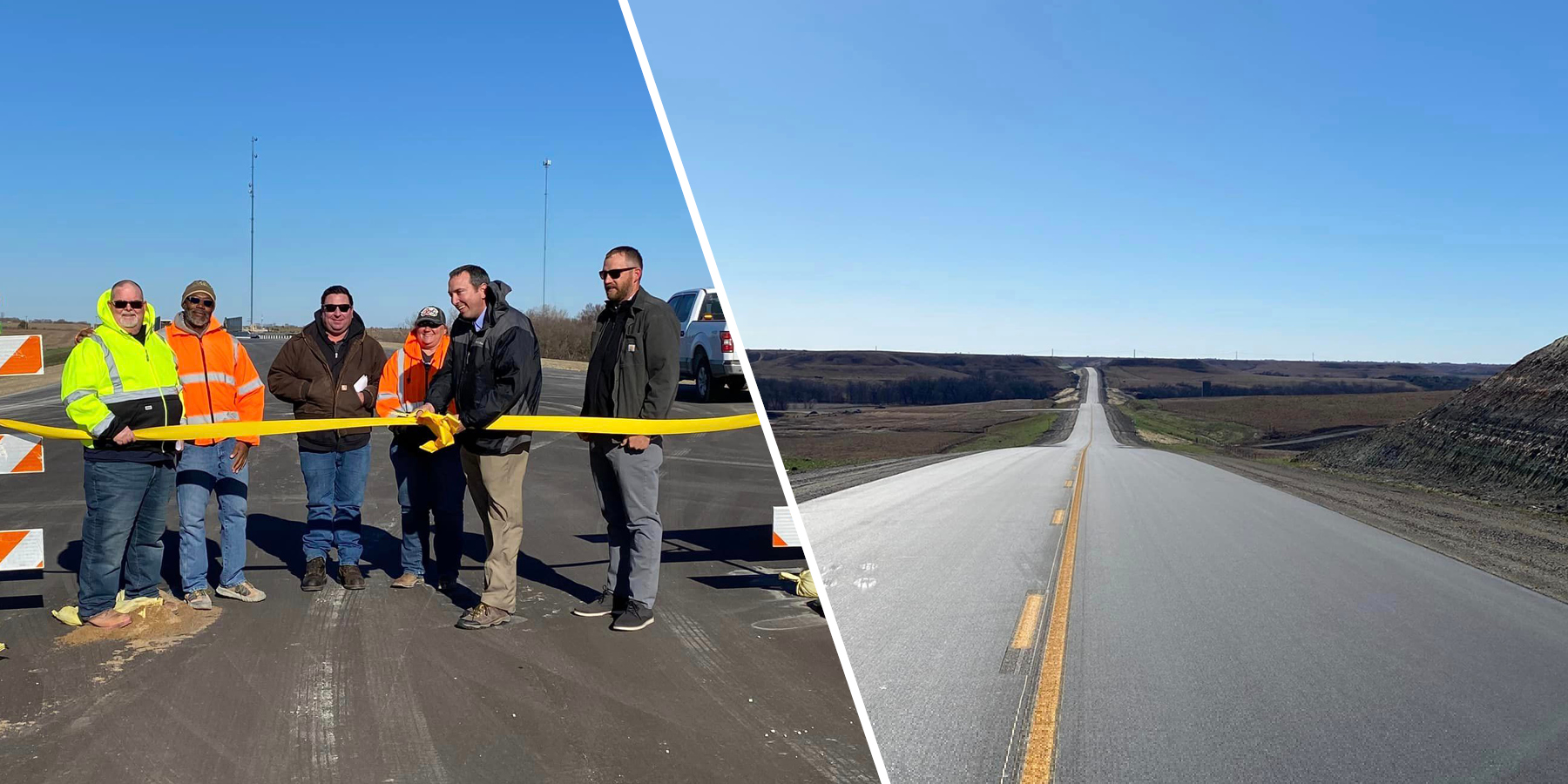 Photo of ribbon cutting ceremony and photo of completed K-177 rural highway