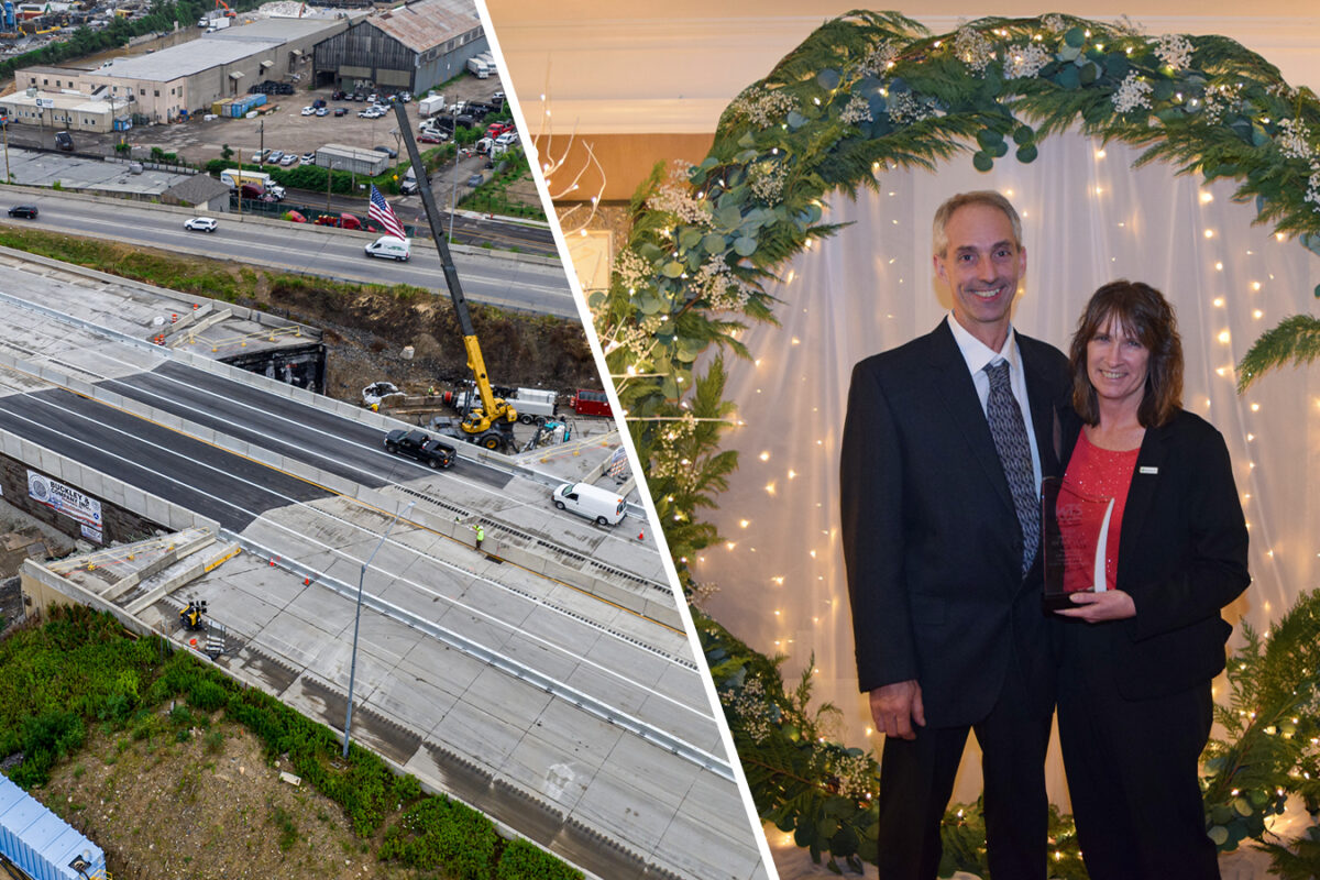 Photo of Sandi Yeakley holding award and aerial photo of I-95 road repairs