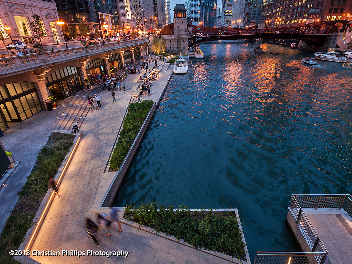 Aerial view of Chicago Riverwalk