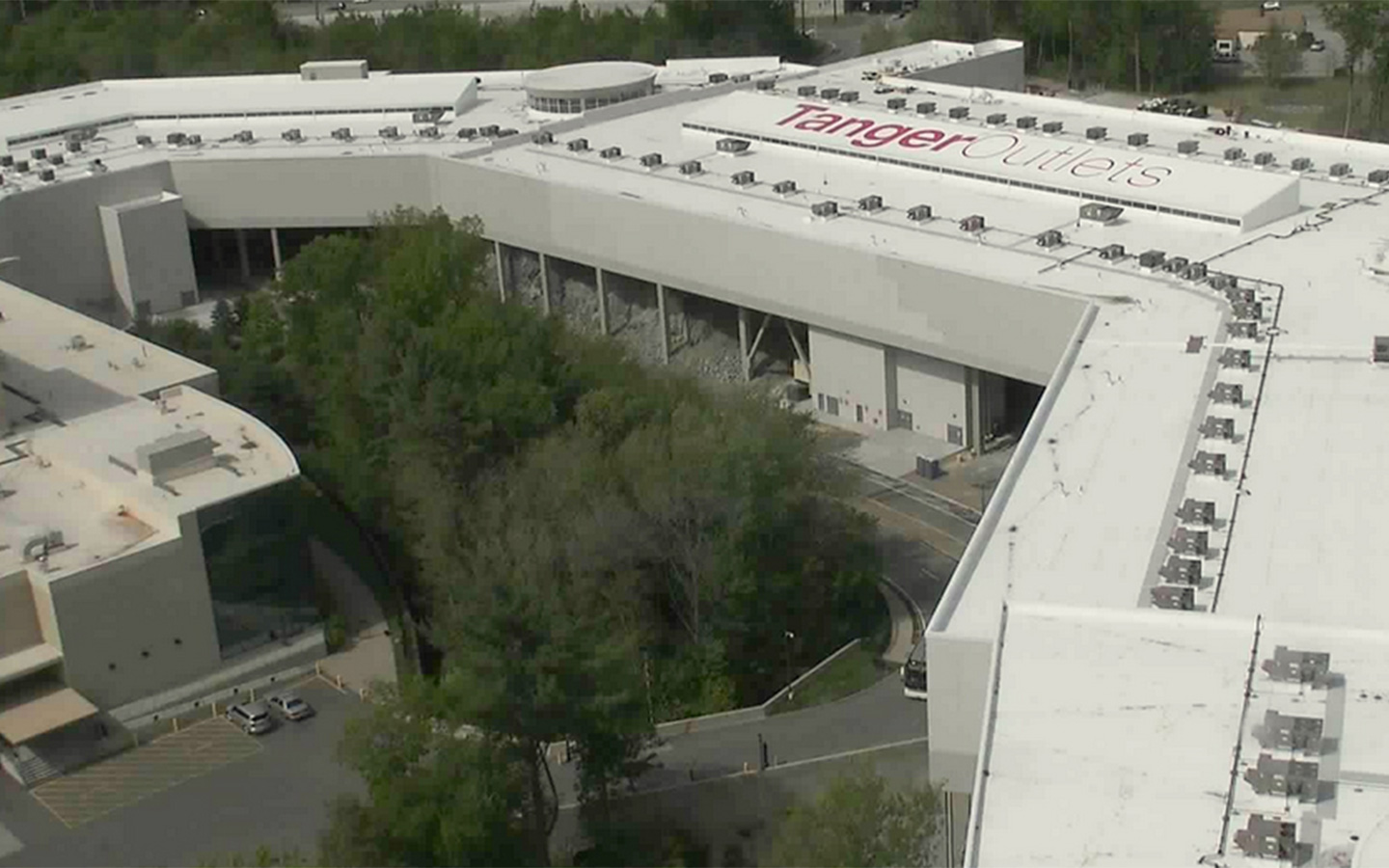 Aerial close up view of Tanger Outlet Malls in Connecticut