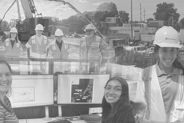 Photo of Benesch interns in the field at construction site and in the office at computers