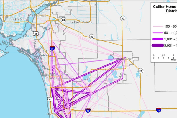 A photo of a map showing origin destination lines