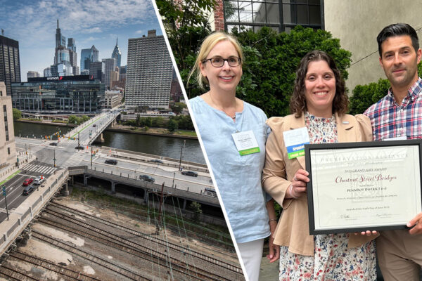 A photo of Chestnut Street bridges from above and a photo of the Benesch team with the award