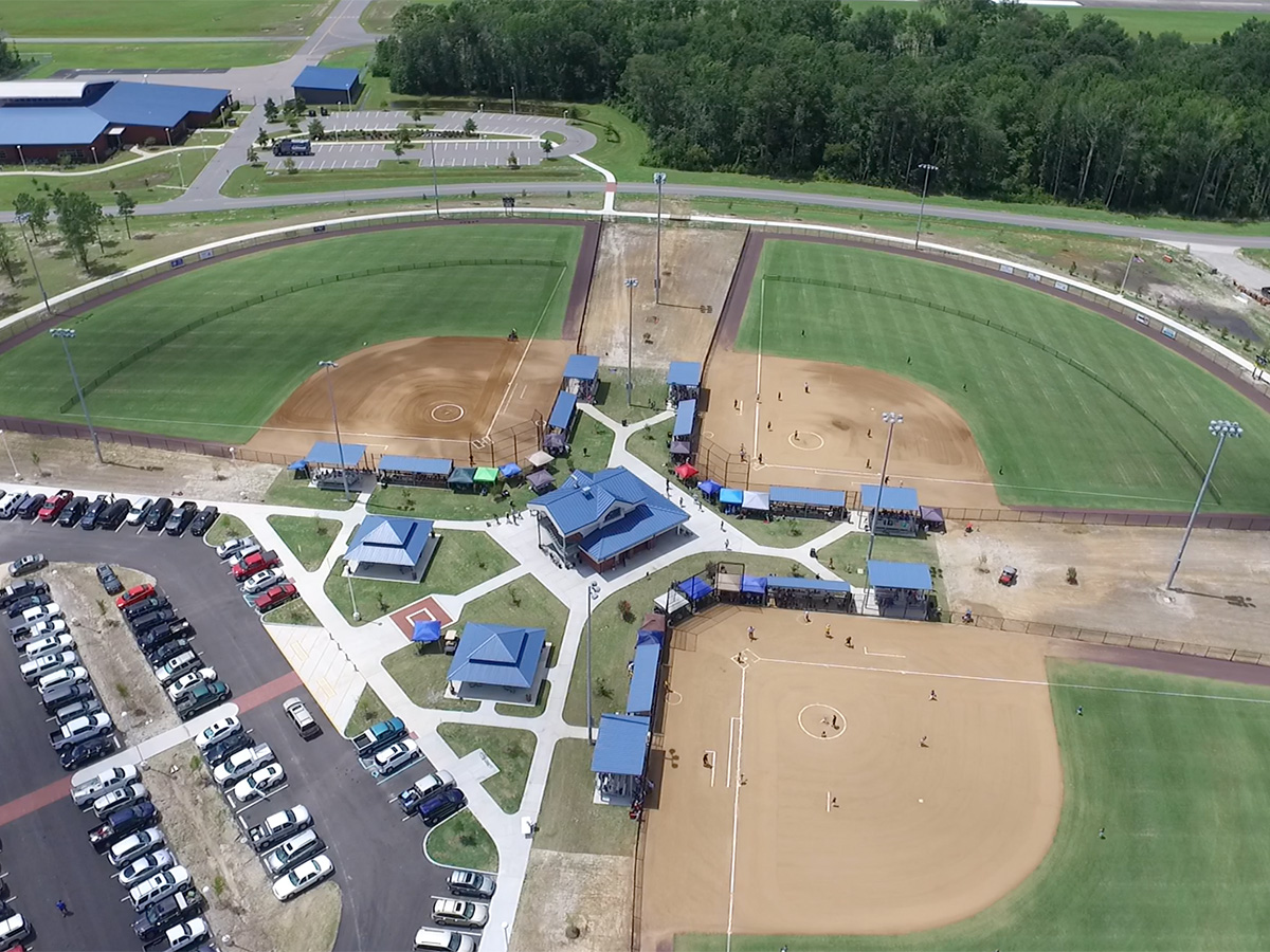 Aerial view photo of the ballfields at Currituck Community Park in North Carolina