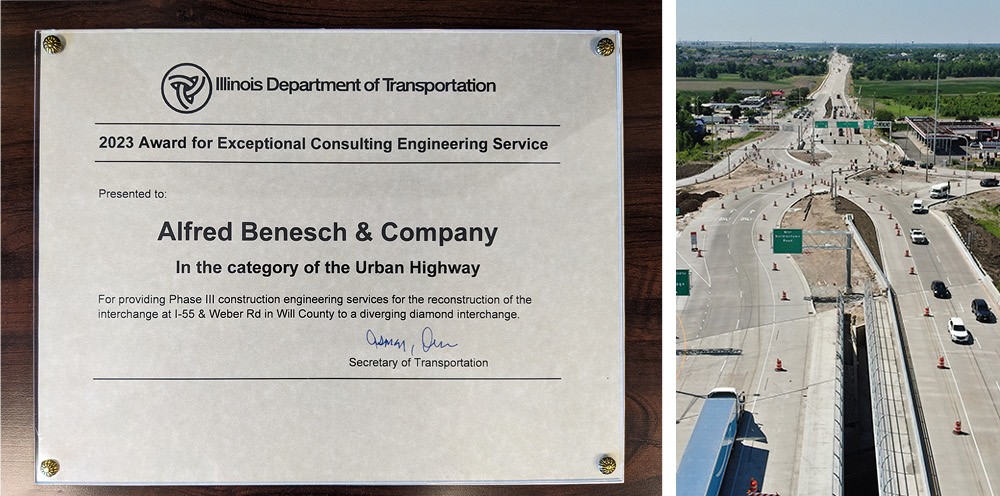 A photo of Benesch plaque award and aerial photo of the new diamond interchange