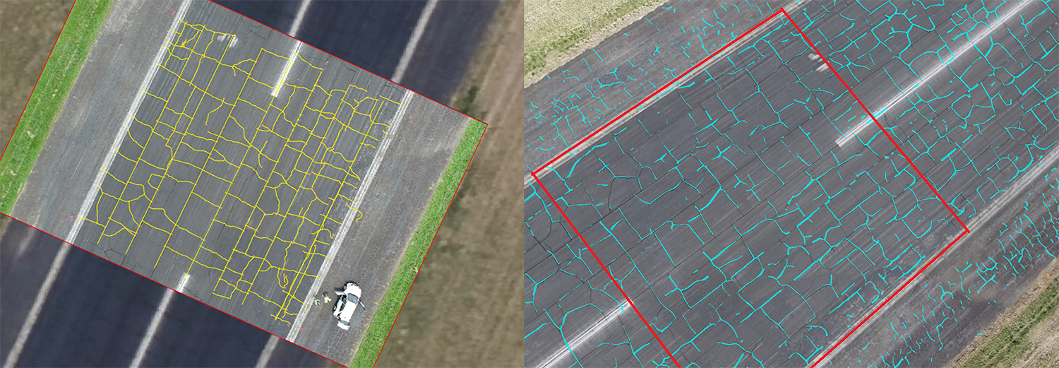 Photo of manually captured cracks on runway pavement compared to artificial intelligence captured cracks on the same runway