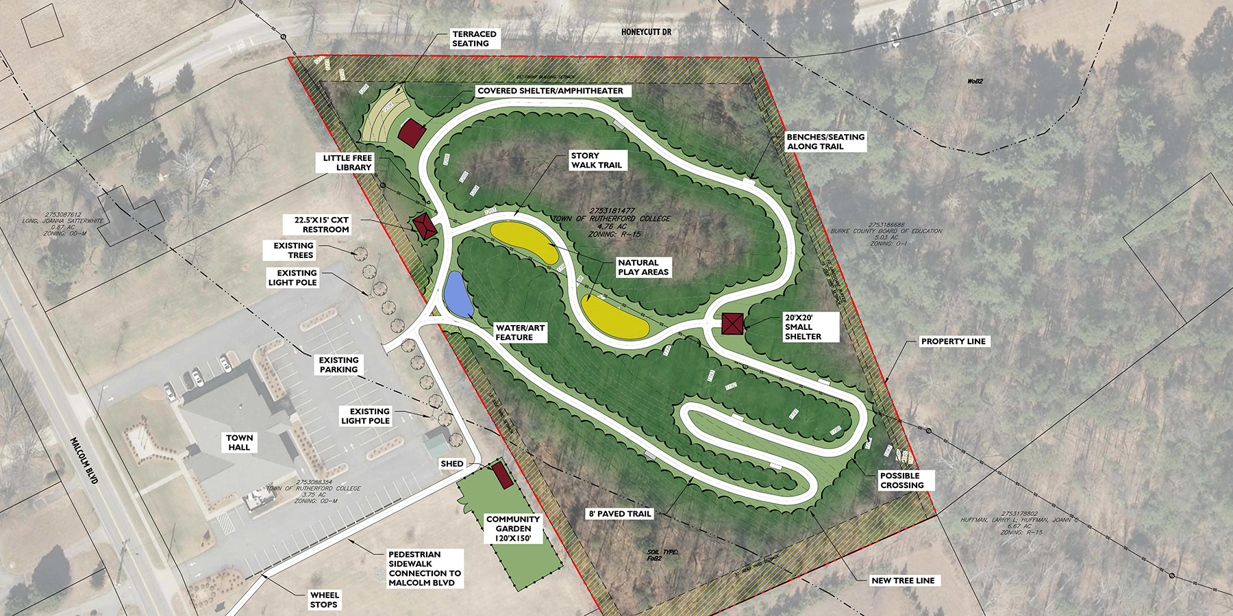 map of a park with lines noting where a path should go