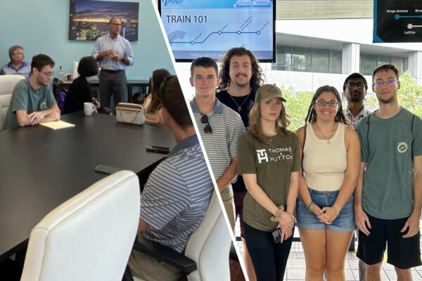 Photo of students at table listening to presentation and photo of group of students