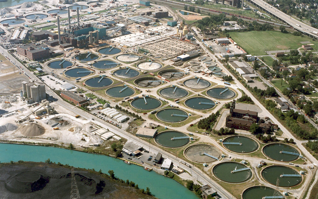 Aerial view photo of a wastewater treatment plan rehabilitation in Detroit, Michigan