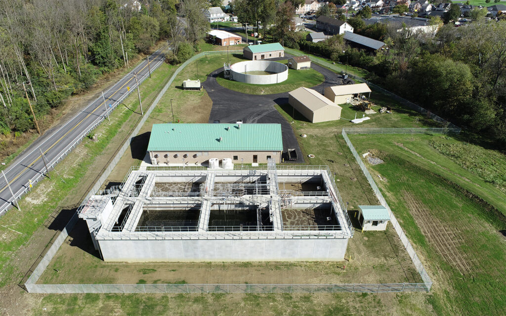 Aerial view photo of a wastewater treatment plant in Bath Borough, Pennsylvania