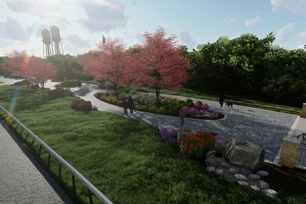 A photo of a rendering of Yadkin River Park Trailhead with trees and a trail