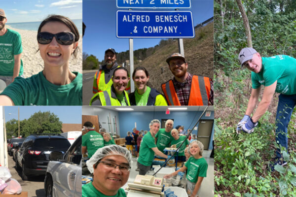 A photo collage of Benesch employees volunteering cleaning a beach and pulling weeds and in a food kitchen