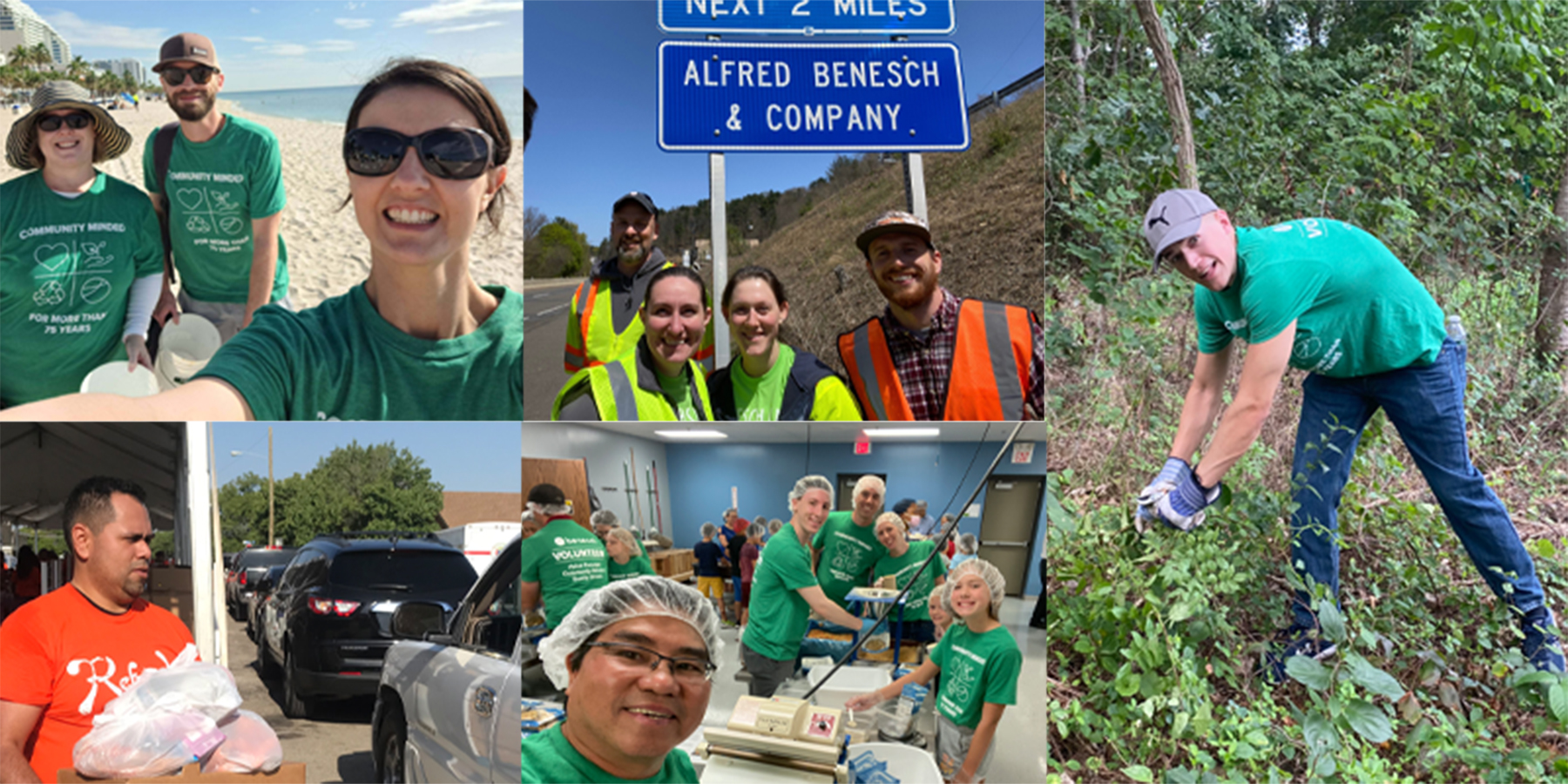 A photo collage of Benesch employees volunteering cleaning a beach and pulling weeds and in a food kitchen