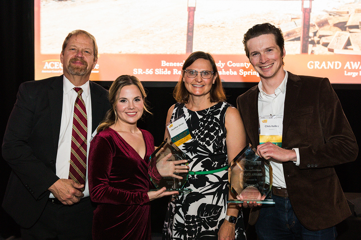 A photo of Benesch employees holding a Grand Award at the gala