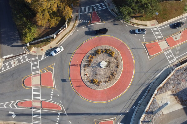 Aerial view photo of the roundabout at South Milledge and Whitehall Road corridor in Athens-Clarke County in Georgia