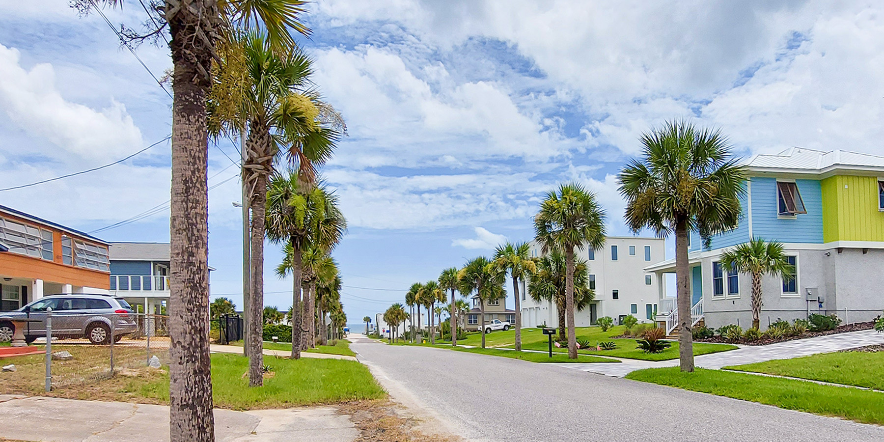 A photo of palm trees alongside a street and colorful houses on either side