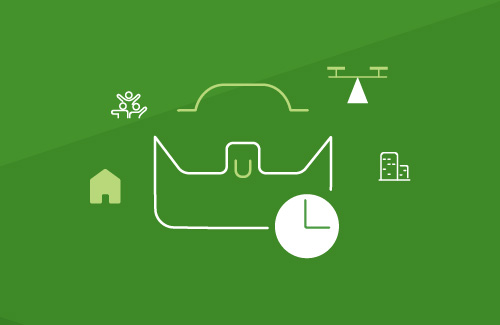 Illustration of a suitcase, a clock, an office, and a house, representing Benesch's work hybrid options and flexibility