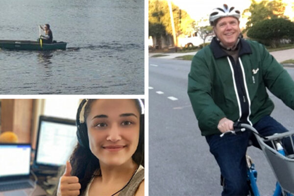 A photo collage of two people canoeing and a photo of a woman smiling by laptop and a photo of a man biking