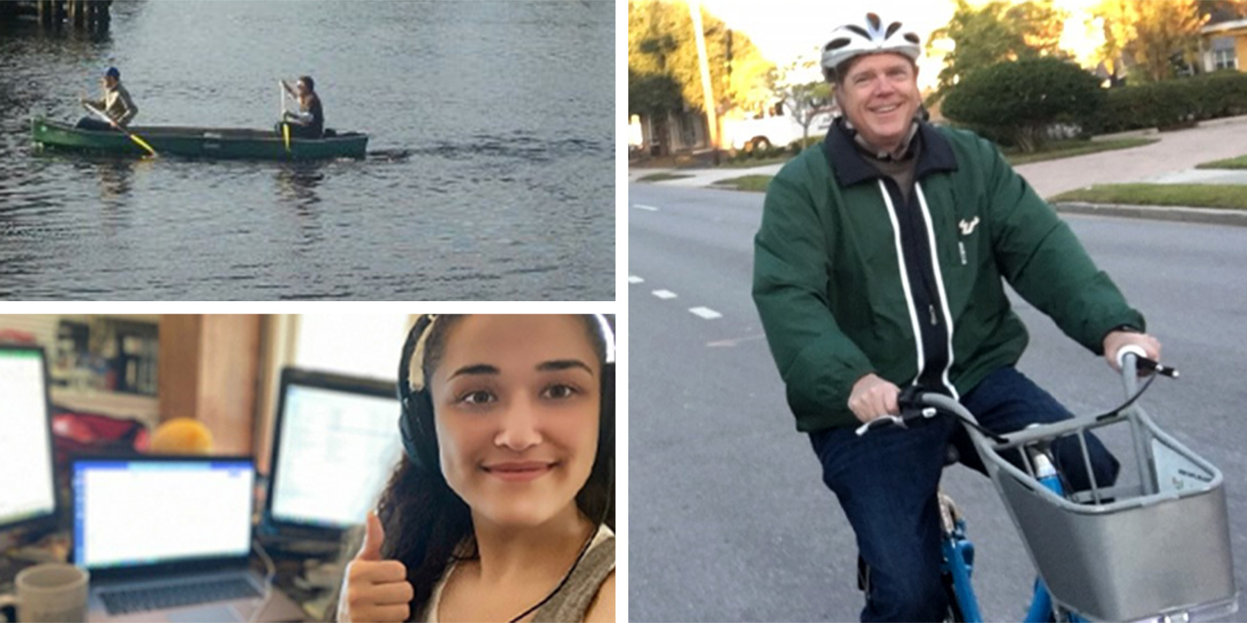 A photo collage of two people canoeing and a photo of a woman smiling by laptop and a photo of a man biking