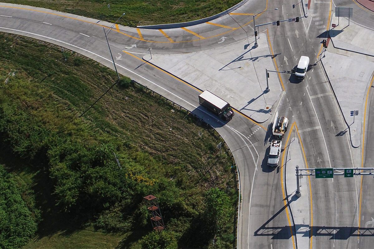 aerial photo of a diverging diamond intersection