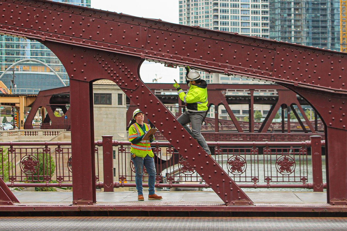 photo of Benesch bridge inspectors on a bascule bridge in downtown Chicago