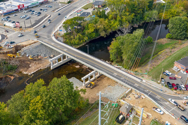 A photo from above showing Memorial Avenue Bridge over a river