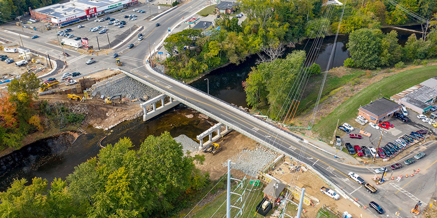 A photo from above showing Memorial Avenue Bridge over a river