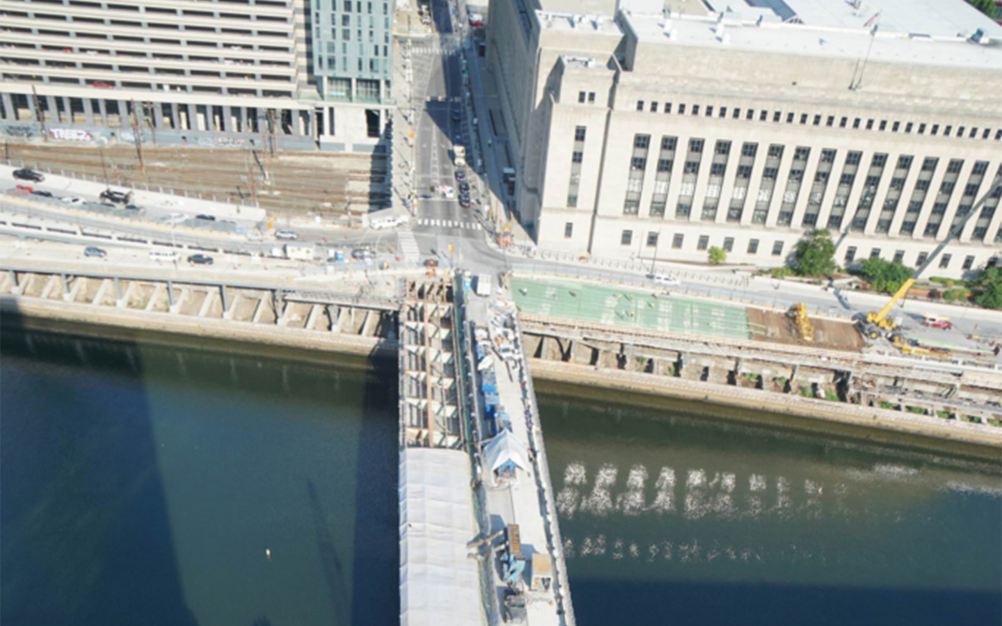 A photo of the Chestnut Street bridges during construction from above
