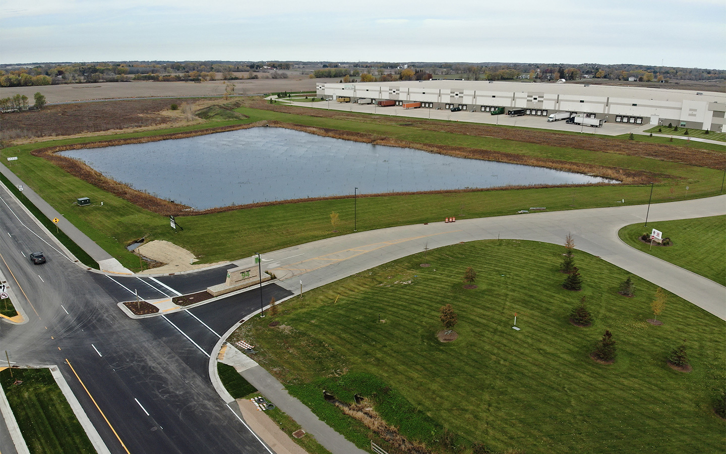 Aerial photo of a retention pond along CTH S in Kenosha, Wisconsin