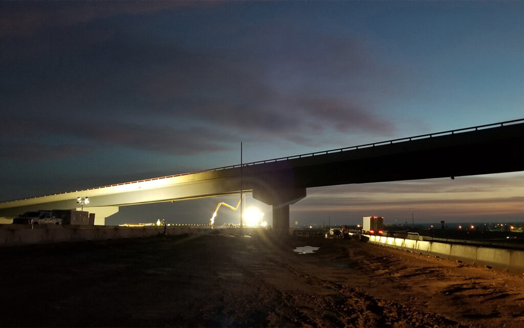 Photo of nighttime construction at E-470 in Aurora, Colorado