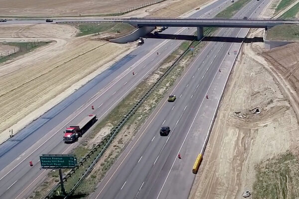 Aerial photo of E-470 eight-mile widening project open to traffic in Aurora, Colorado