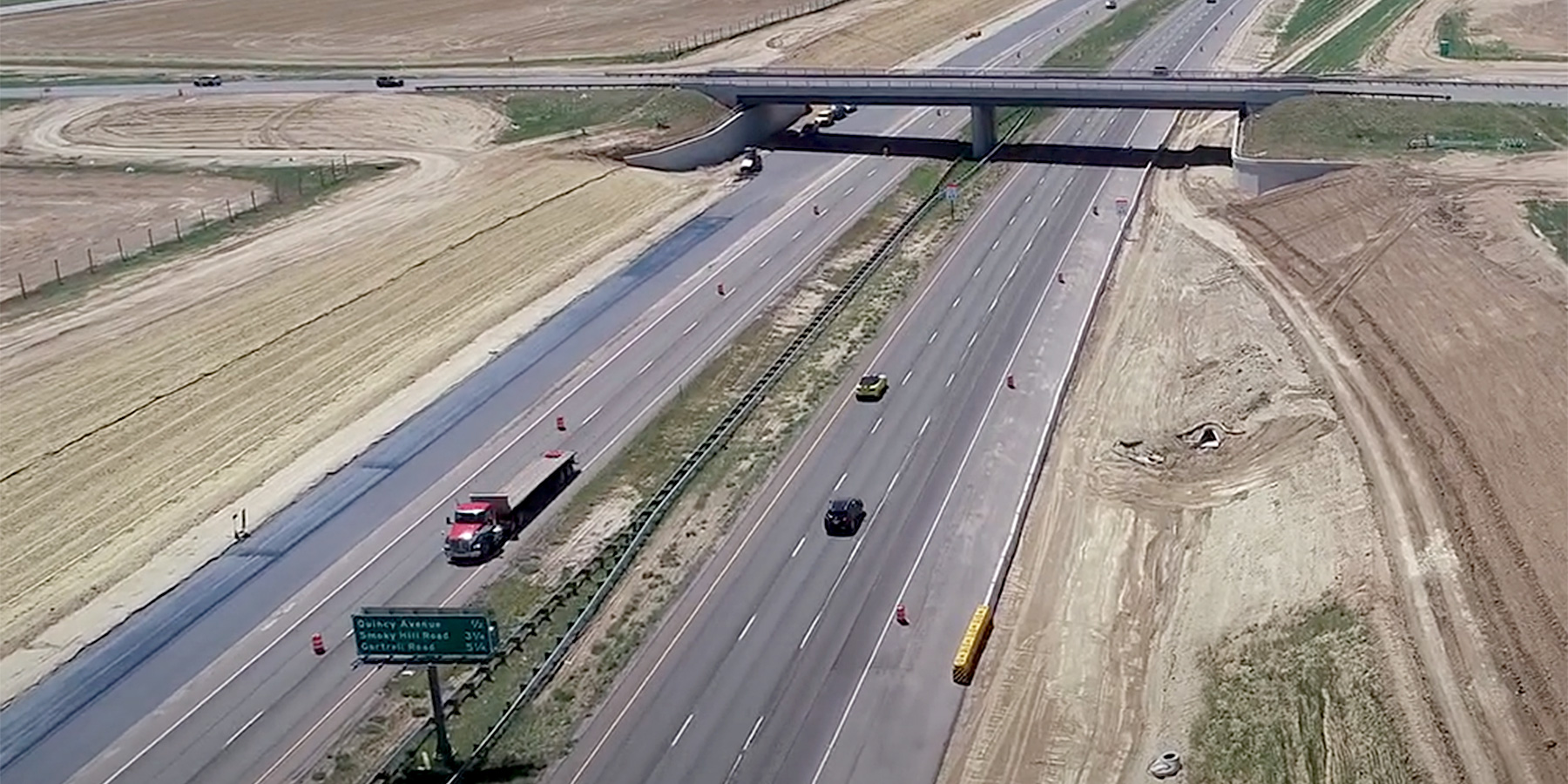 Aerial photo of E-470 eight-mile widening project open to traffic in Aurora, Colorado