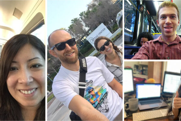 Photo collage of Benesch's Florida employees telecommuting and using alternative modes of transportation to work